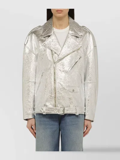 HALFBOY BELTED WAIST METALLIC LEATHER JACKET