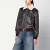 Halfboy Brown Leather Bomber Jacket With Shearling Collar In Brown