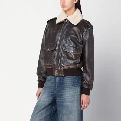 HALFBOY HALFBOY  BROWN LEATHER BOMBER JACKET WITH SHEARLING COLLAR