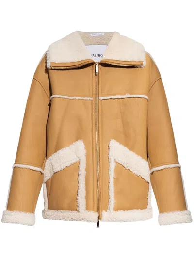 Halfboy Faux Shearling-trim Coat In Brown