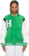 Halfboy Appliquéd Suede And Leather Bomber Jacket In Green/white/black (1