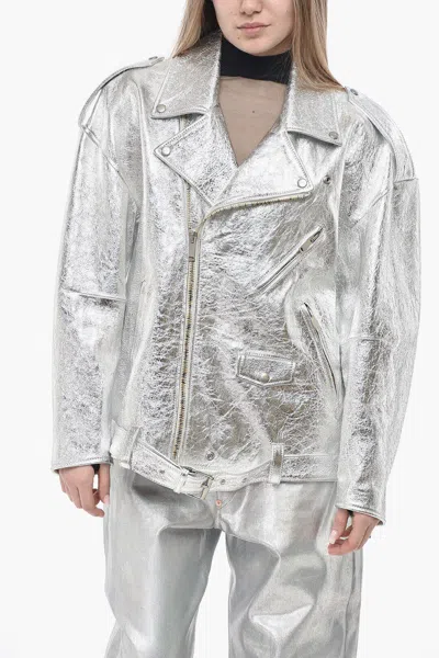 Halfboy Leather Biker Jacket In Silver