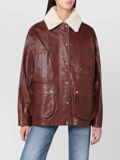 Halfboy Leather Jacket Featuring Shearling Collar In Brown
