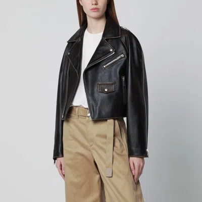 Halfboy Oversized Dark Brown Leather Biker Jacket In Black