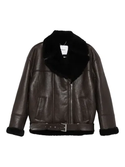 Halfboy Shearling-collar Leather Jacket In Brown