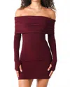 Hallelu Off Shoulder Long Sleeve Mini Dress In Burgundy