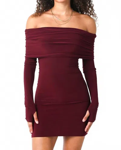 Hallelu Off Shoulder Long Sleeve Mini Dress In Burgundy