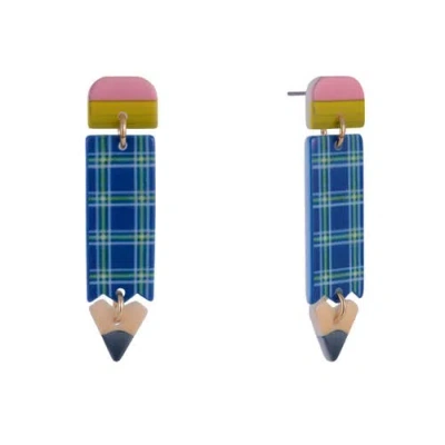 Hallmark Acrylic Plaid Pencil Earrings In Blue