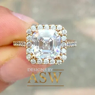 Pre-owned Halo 14k Solid Rose Gold Asscher Cut Simulated Diamond Engagement Ring  2.50ct In White