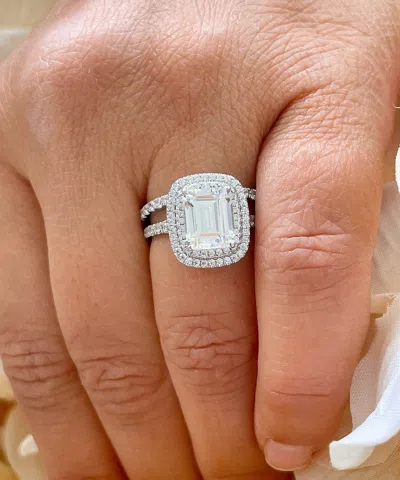 Pre-owned Halo Igi Certified 14k White Gold Emerald Cut Diamond Engagement Ring And Band 2.50ct
