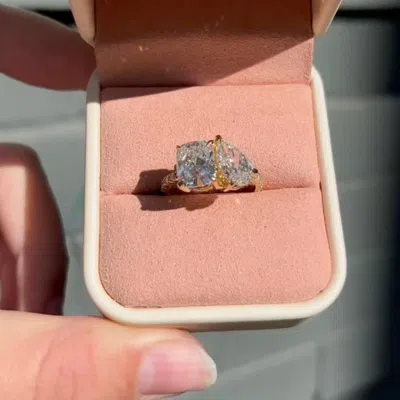 Pre-owned Halo Pear & Cushion Two-stone Engagement Ring, Toi Et Moi Cz Silver + Gold Plated
