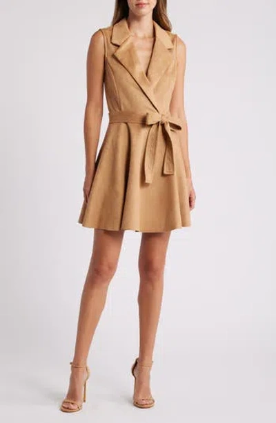 Halogen ® Belted Sleeveless Faux Suede Tuxedo Dress In Pecan Brown