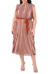 Halogen ® Brandy Street Stripe Pleated Belted Midi Dress In Brown