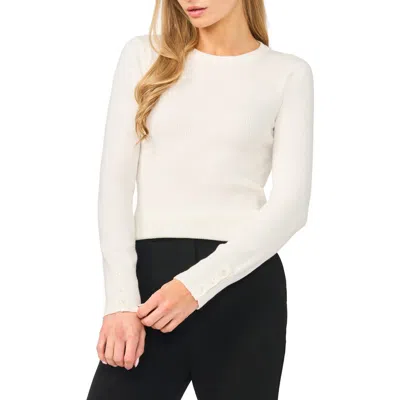 Halogen ® Button Cuff Rib Crewneck Sweater In White