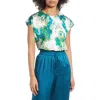 Halogen Cap Sleeve Satin Blouse In Green Multi Wax Melt