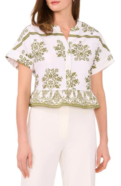 Halogen Embroidered Peplum Top In White/ Olive Branch