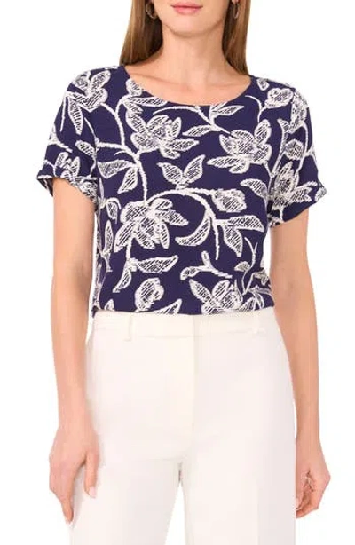 Halogen ® Floral Cuffed Sleeve Top In Classic Navy Scribble Leaf
