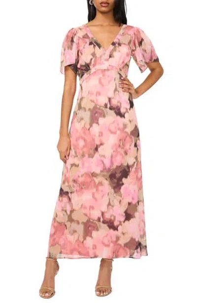 Halogen ® Floral Flutter Sleeve Empire Waist Maxi Dress In Olive