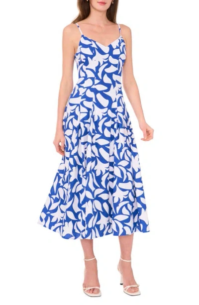 Halogen Floral Godet Pleat Linen Blend Midi Dress In Classic Blue