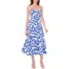 Halogen Floral Godet Pleat Linen Blend Midi Dress In Classic Blue