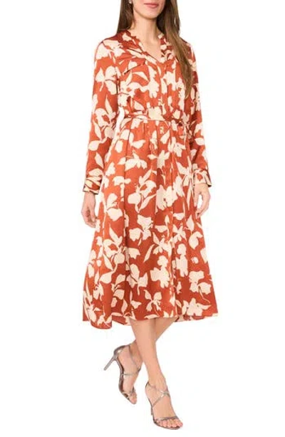 Halogen ® Floral Long Sleeve Satin Midi Shirtdress In Brown