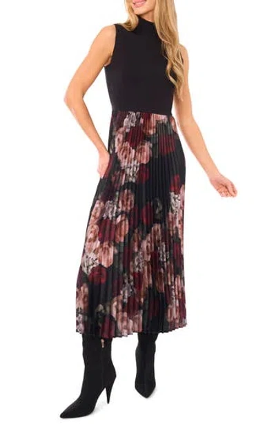 Halogen ® Floral Mixed Media Sleeveless Midi Dress In Black
