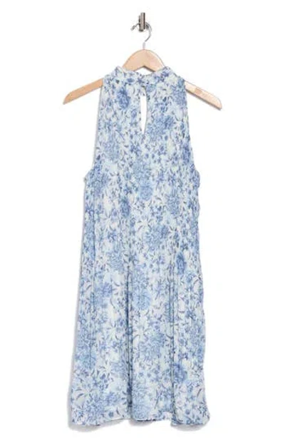Halogen ® Floral Mock Neck Sleeveless Pleated Trapeze Dress In Soft Indigo