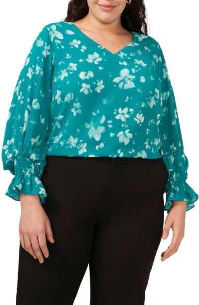 Halogen Floral Print Ruffle Cuff Top In Miami Green