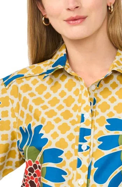 Halogen ® Floral Print Short Sleeve Cotton Button-up Shirt In Yellow