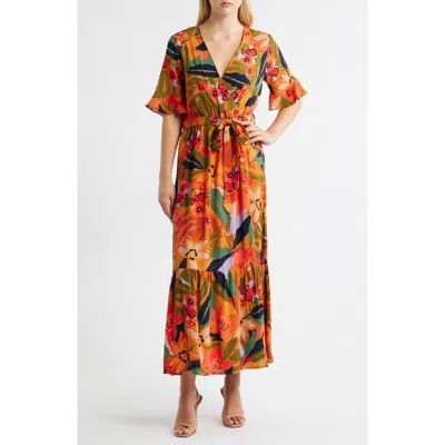 Halogen ® Floral Wrap Front Dress In Brown