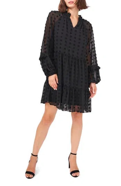 Halogen ® Long Sleeve Clip Dot Chiffon Babydoll Dress In Black