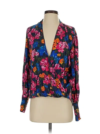 Pre-owned Halogen Long Sleeve Silk Top Blue Floral Pattern Plunge Neckline Tops