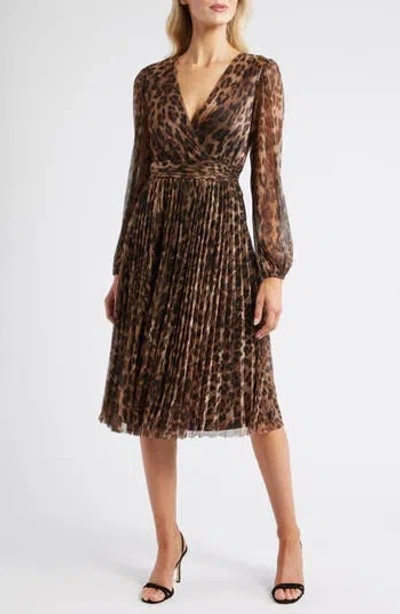 Halogen ® Metallic Leopard Print Long Sleeve Midi Dress In Brown