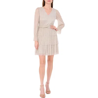 Halogen ® Metallic Plissé Tiered Long Sleeve Dress In Neutral