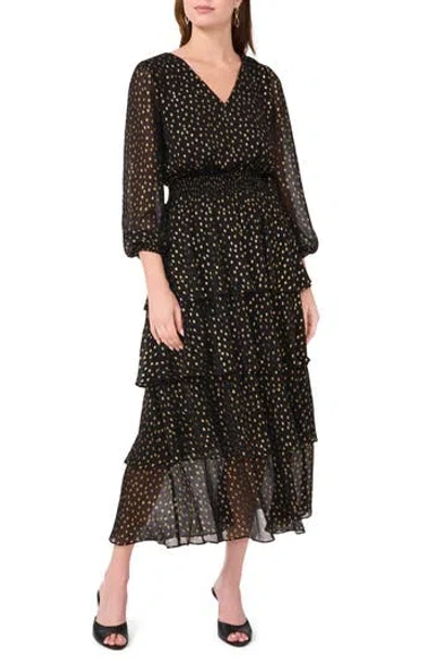 Halogen ® Metallic Plissé Tiered Long Sleeve Dress In Rich Black