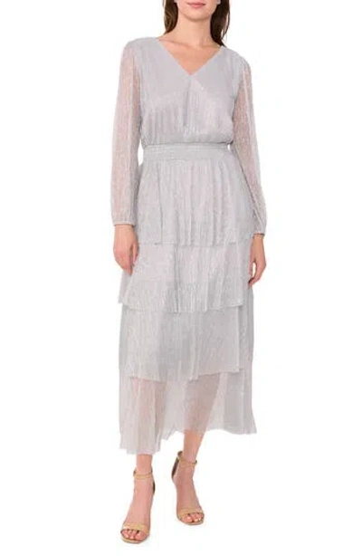 Halogen ® Metallic Plissé Tiered Long Sleeve Dress In Silver Shimmer
