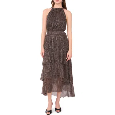 Halogen ® Metallic Plissé Tiered Midi Cocktail Dress In Bronze Brown