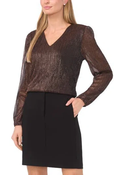 Halogen ® Metallic Plissé V-neck Top In Brown