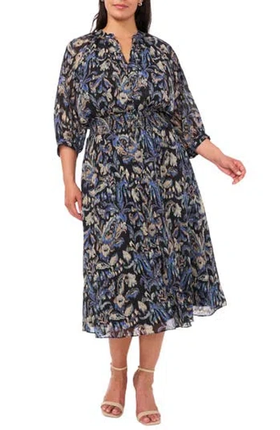 Halogen ® Metallic Print Smocked Waist Chiffon Midi Dress In Rich Black