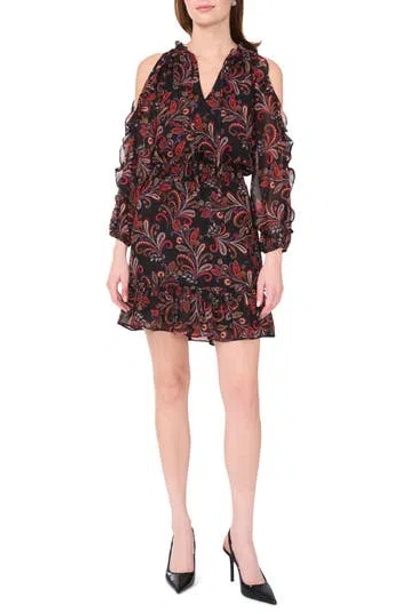 Halogen ® Paisley Cold Shoulder Ruffle Fit & Flare Dress In Rich Black