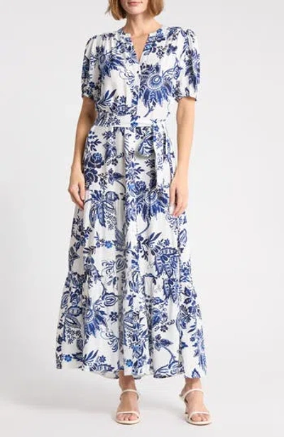 Halogen ® Paisley Puff Sleeve Tiered Maxi Shirtdress In Blue
