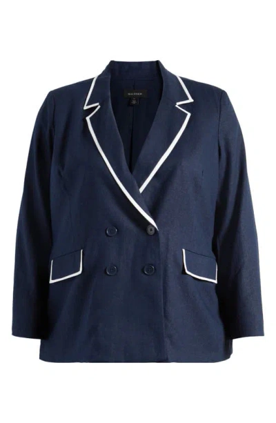 Halogen Piped Double Breasted Linen Blend Blazer In Classic Navy Blue
