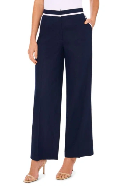 Halogen Piped Wide Leg Linen Blend Pants In Classic Navy Blue