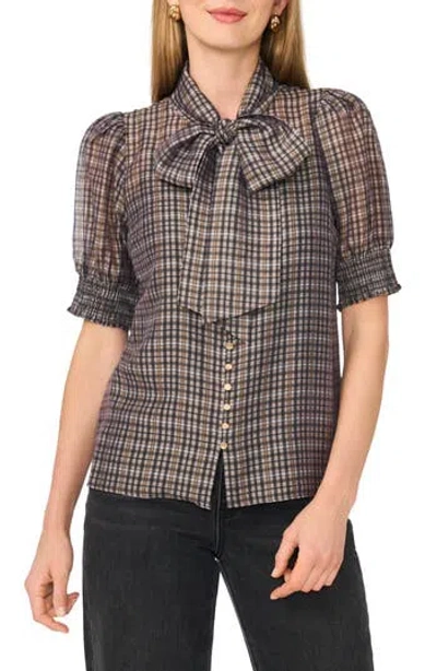 Halogen ® Plaid Tie Neck Puff Sleeve Top In Rich Black Plaid