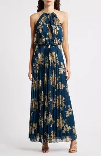 Halogen ® Pleated High Neck Maxi Dress In Blue