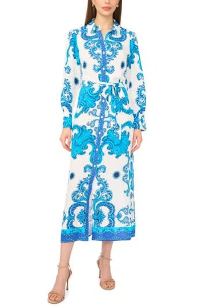 Halogen ® Print Long Sleeve Belted Shirtdress In Blue