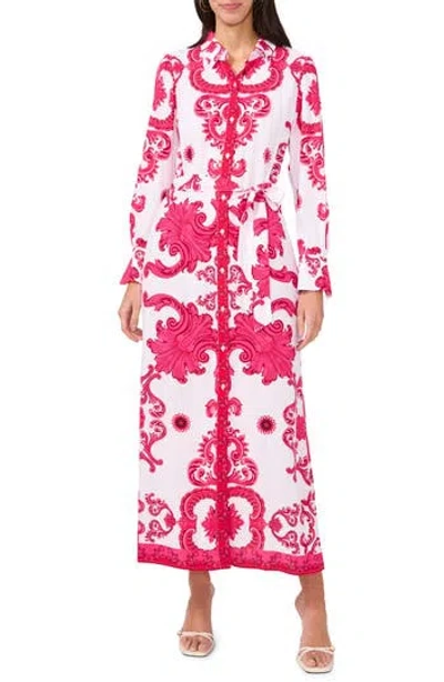 Halogen ® Print Long Sleeve Belted Shirtdress In Lucent White