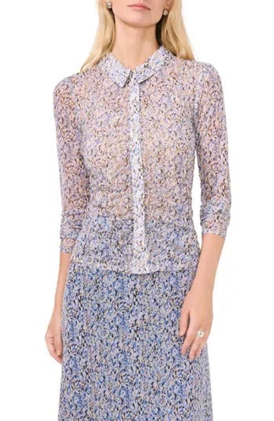 Halogen ® Print Mesh Button-up Shirt In Delft White