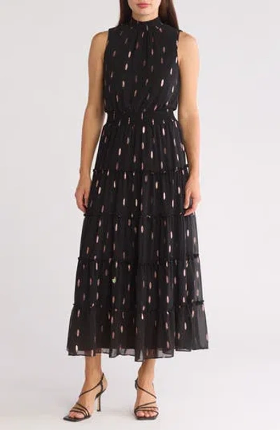 Halogen ® Print Smocked Mock Neck Tiered Maxi Dress In Black