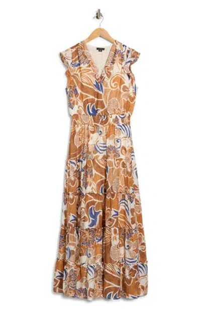 Halogen ® Ruffle Sleeve Smocked Waist Tiered Maxi Dress In Brown